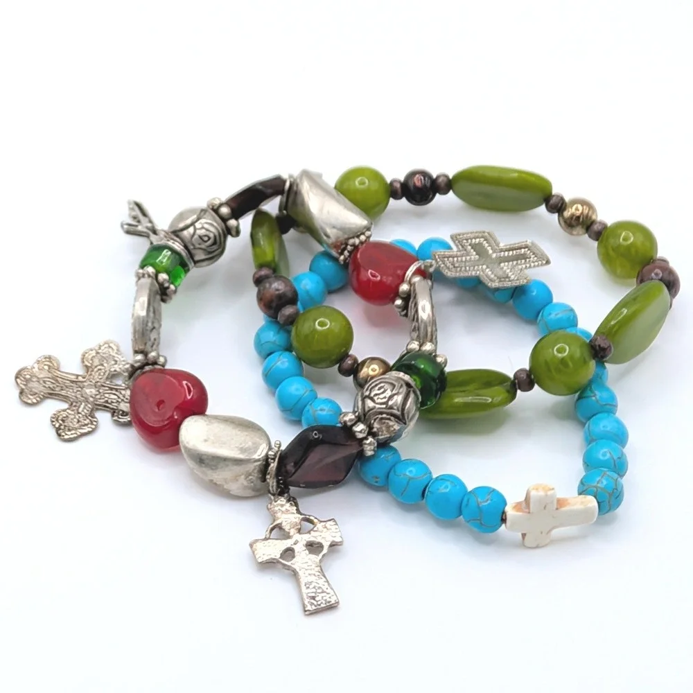 Stack of 3 Stretch Bracelets Cross Charms Turquoise Green Costume Christian